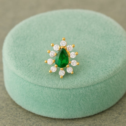 Green CZ Teardrop Halo Nose Pin - Sterling Silver Gold Plated-3