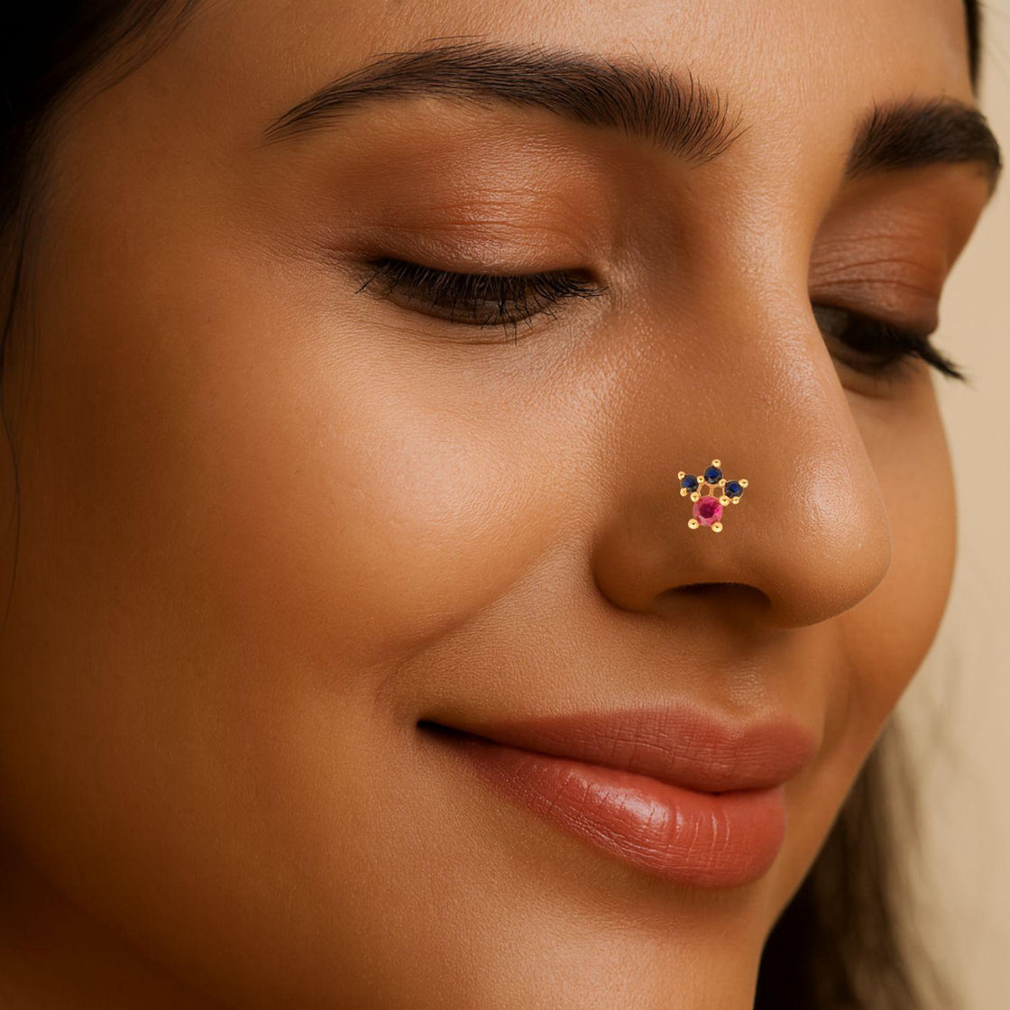 Red & Blue CZ Crown Nose Pin - Sterling Silver Gold Plated-1