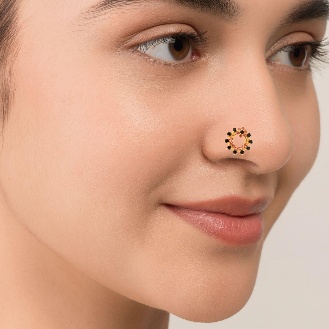Pink & Black CZ Crown Nose Pin - Sterling Silver Gold Plated-1