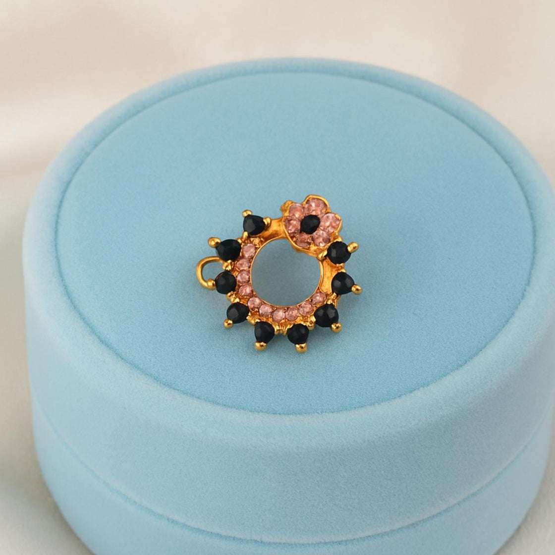 Pink & Black CZ Crown Nose Pin - Sterling Silver Gold Plated-2