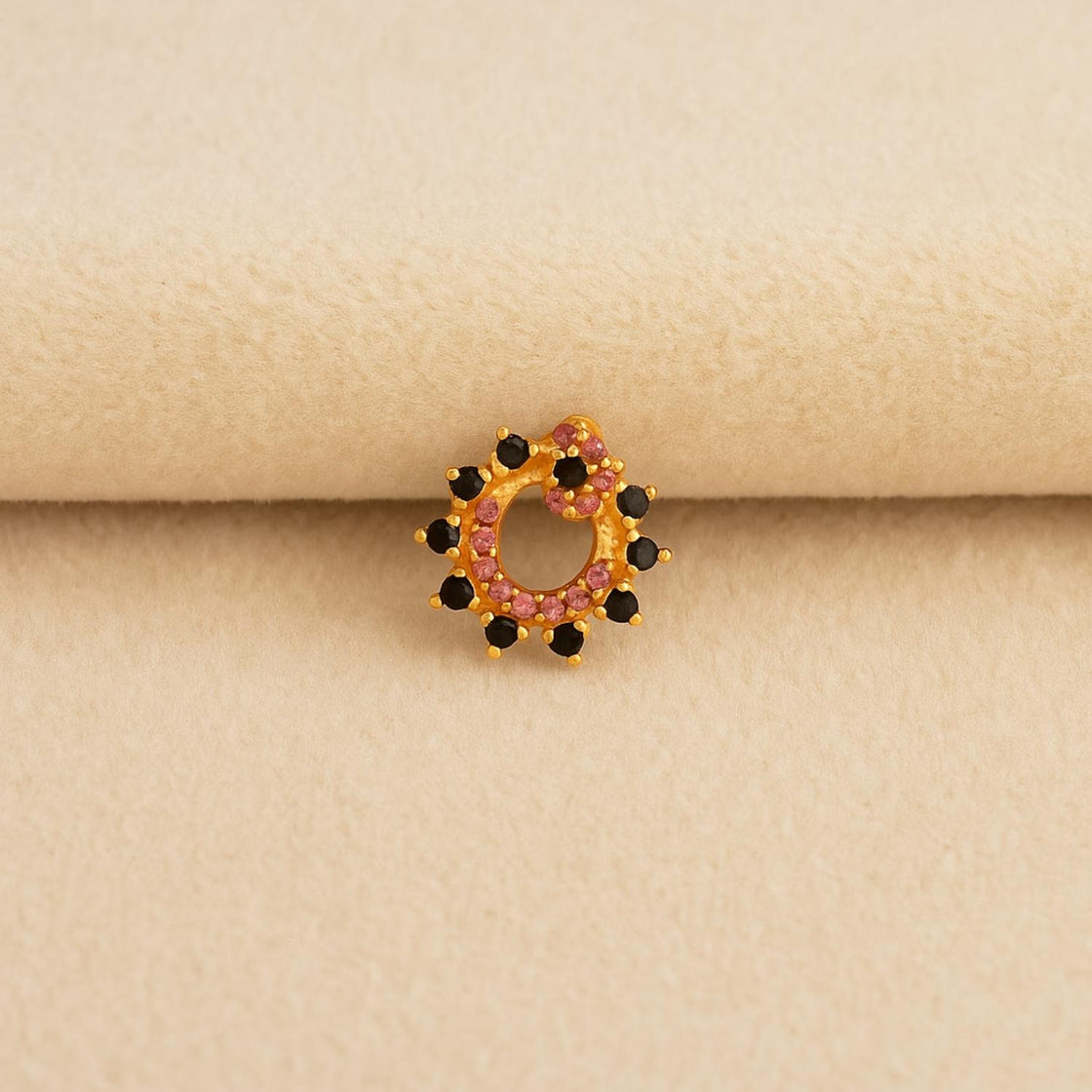 Pink & Black CZ Crown Nose Pin - Sterling Silver Gold Plated-3