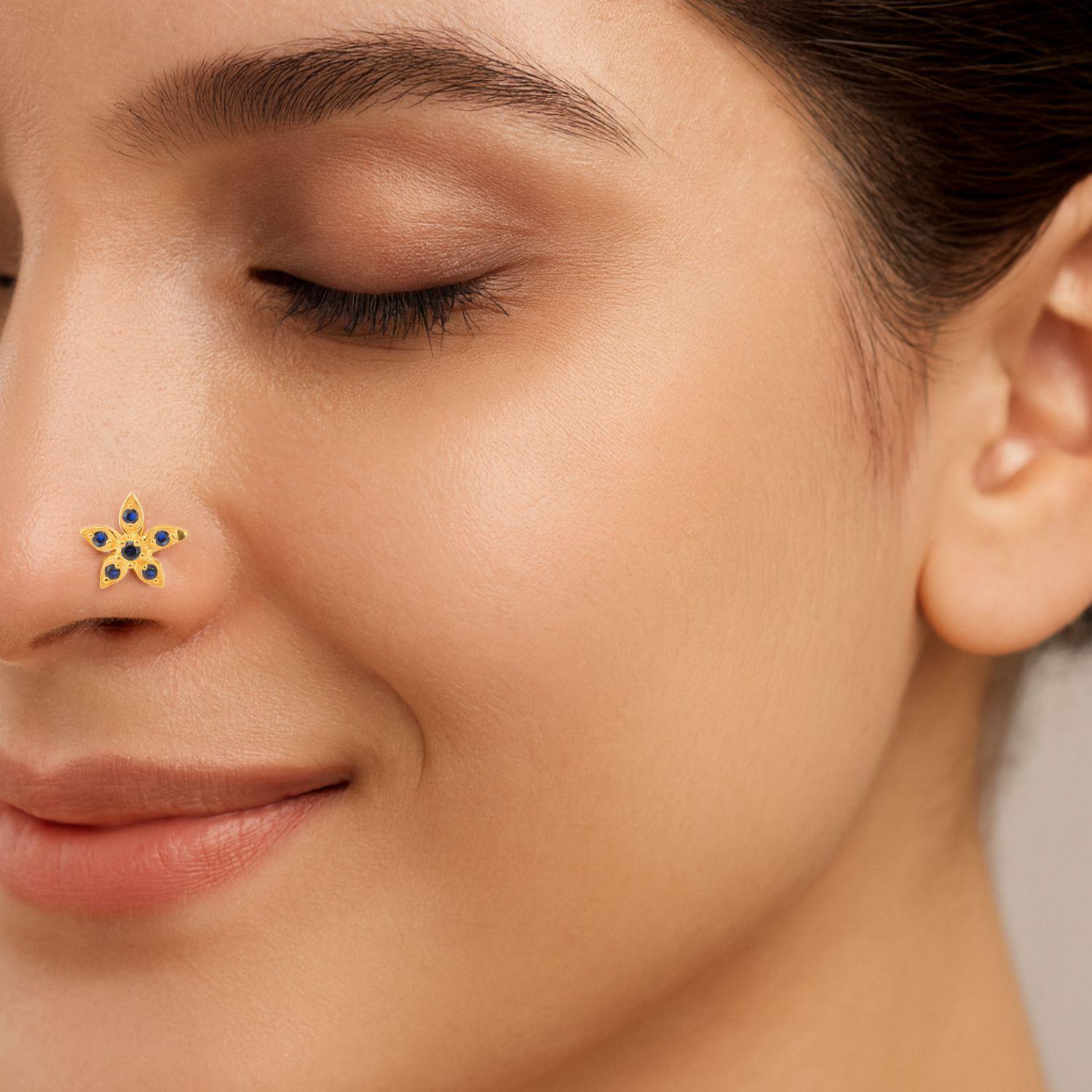 Blue CZ Flower Nose Pin - Sterling Silver Gold Plated-1