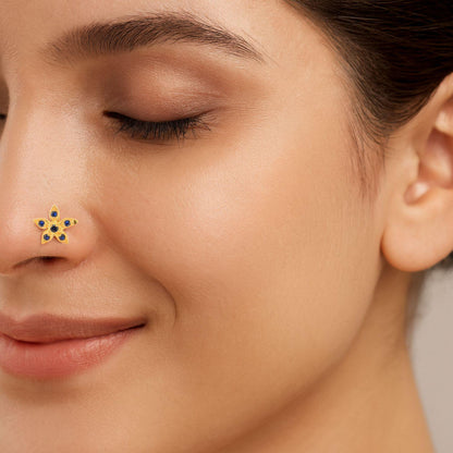 Blue CZ Flower Nose Pin - Sterling Silver Gold Plated-1
