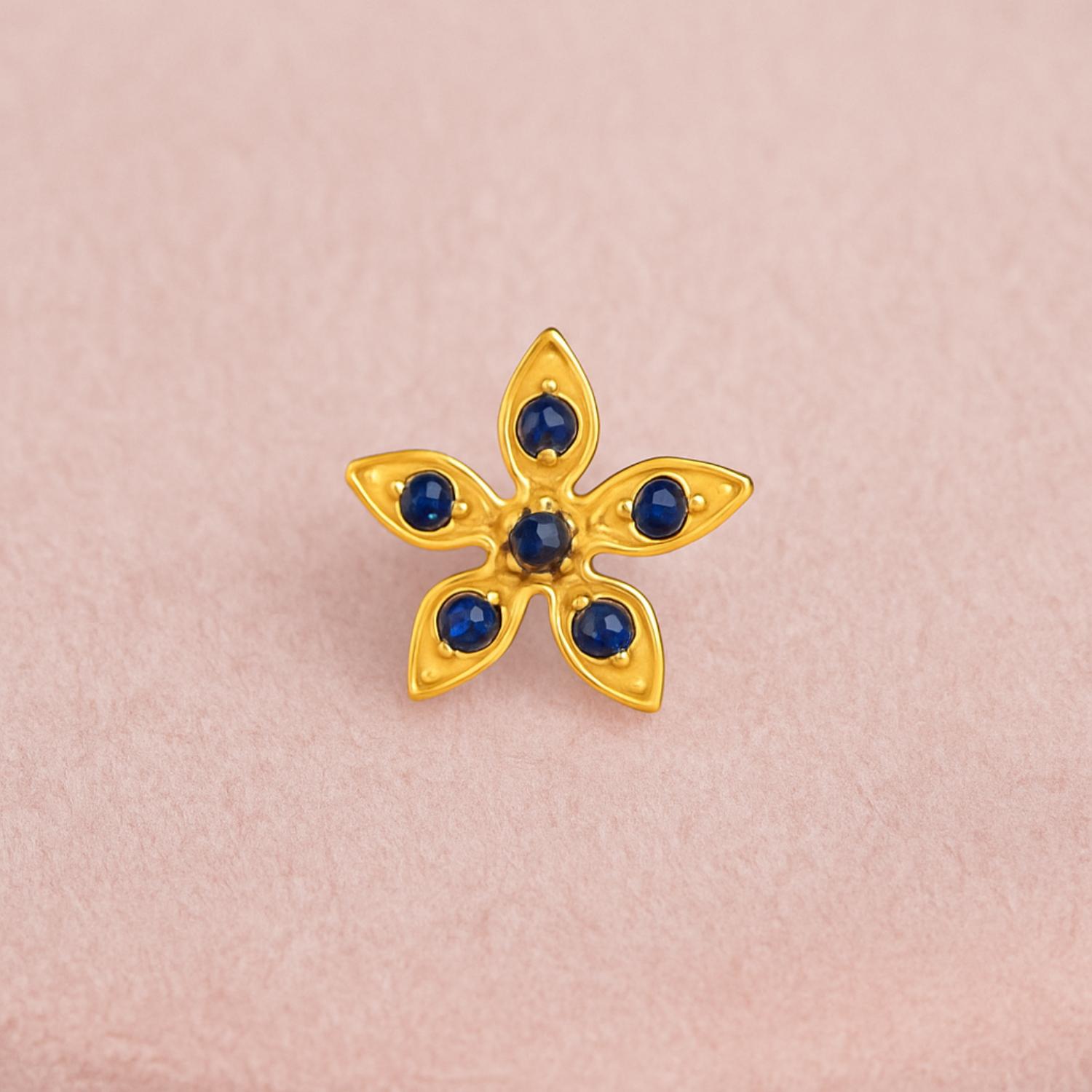 Blue CZ Flower Nose Pin - Sterling Silver Gold Plated-2