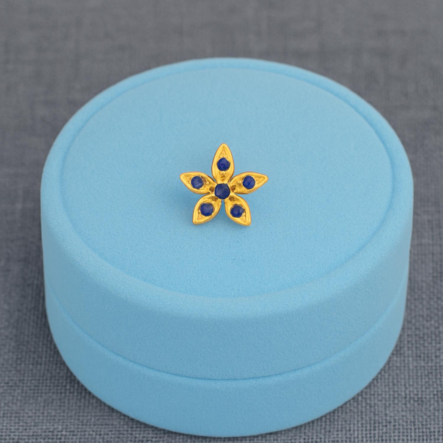 Blue CZ Flower Nose Pin - Sterling Silver Gold Plated-3