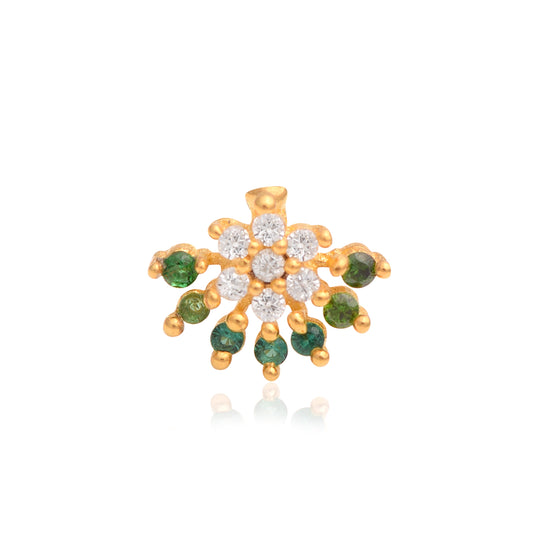 Green & White CZ Floral Nose Pin - Sterling Silver Gold Plated-0