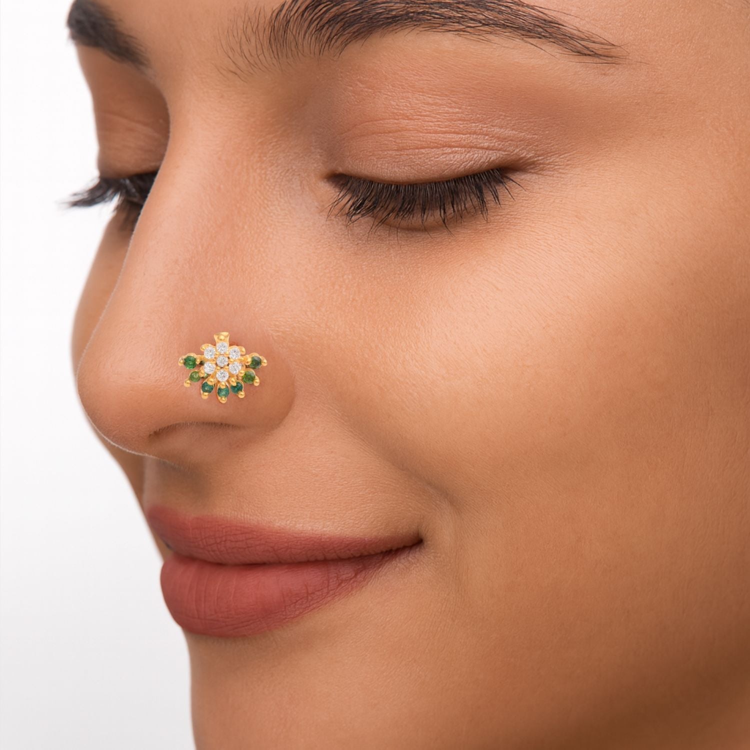 Green & White CZ Floral Nose Pin - Sterling Silver Gold Plated-1