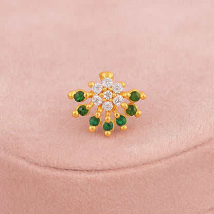 Green & White CZ Floral Nose Pin - Sterling Silver Gold Plated-2