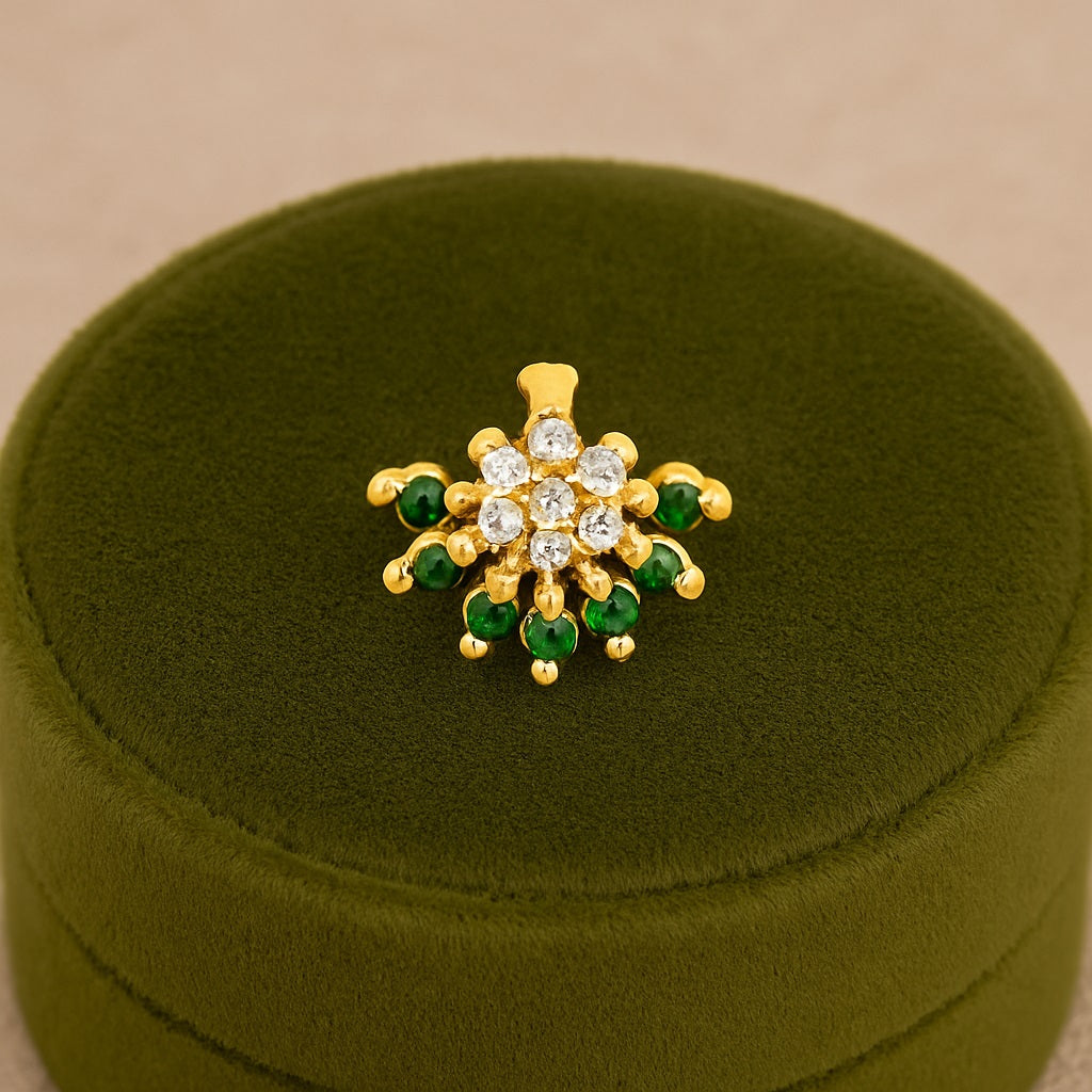 Green & White CZ Floral Nose Pin - Sterling Silver Gold Plated-3