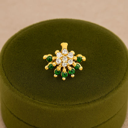 Green & White CZ Floral Nose Pin - Sterling Silver Gold Plated-3