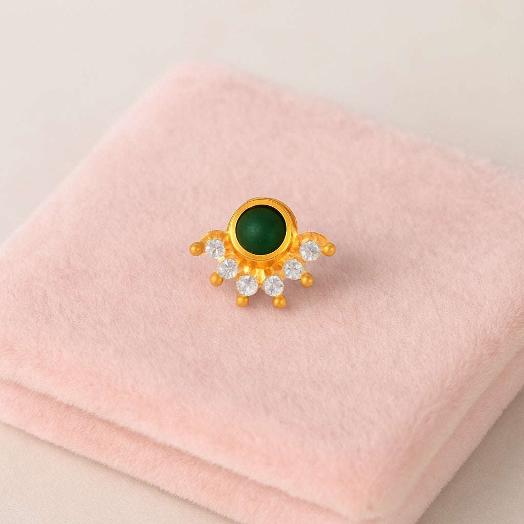 Green CZ Floral Nose Pin - Sterling Silver Gold Plated-2