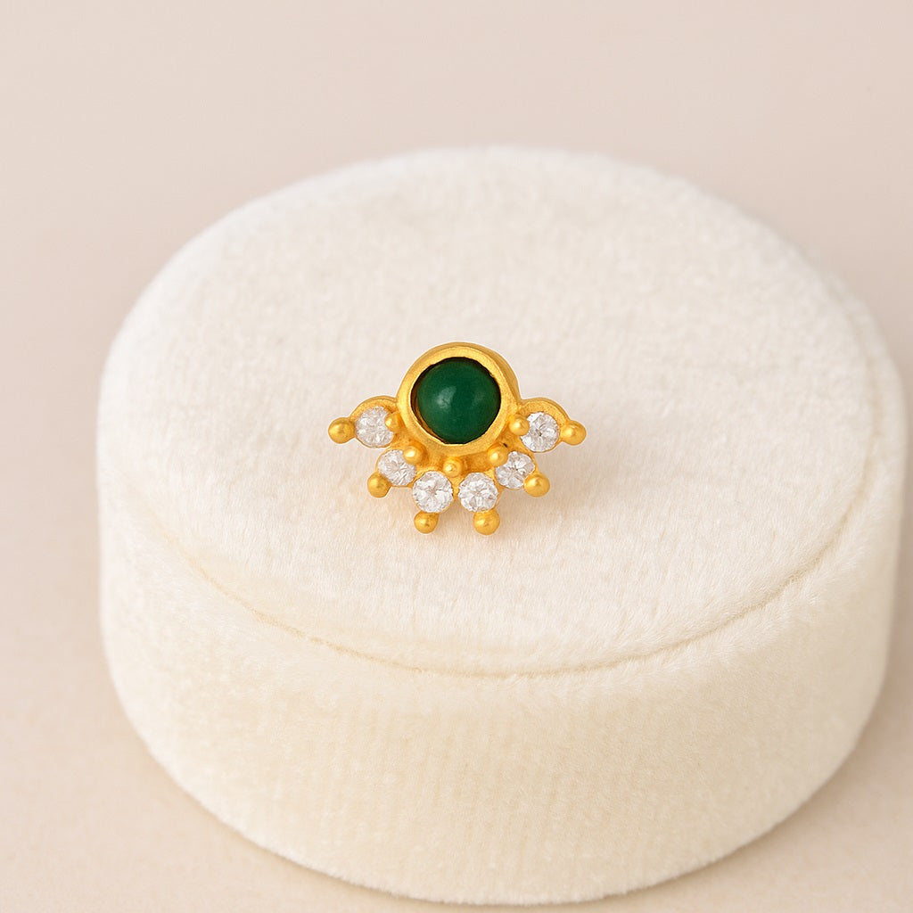 Green CZ Floral Nose Pin - Sterling Silver Gold Plated-3