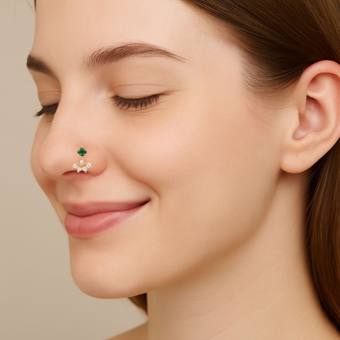 Green CZ Cluster Nose Pin - Sterling Silver Gold Plated-1