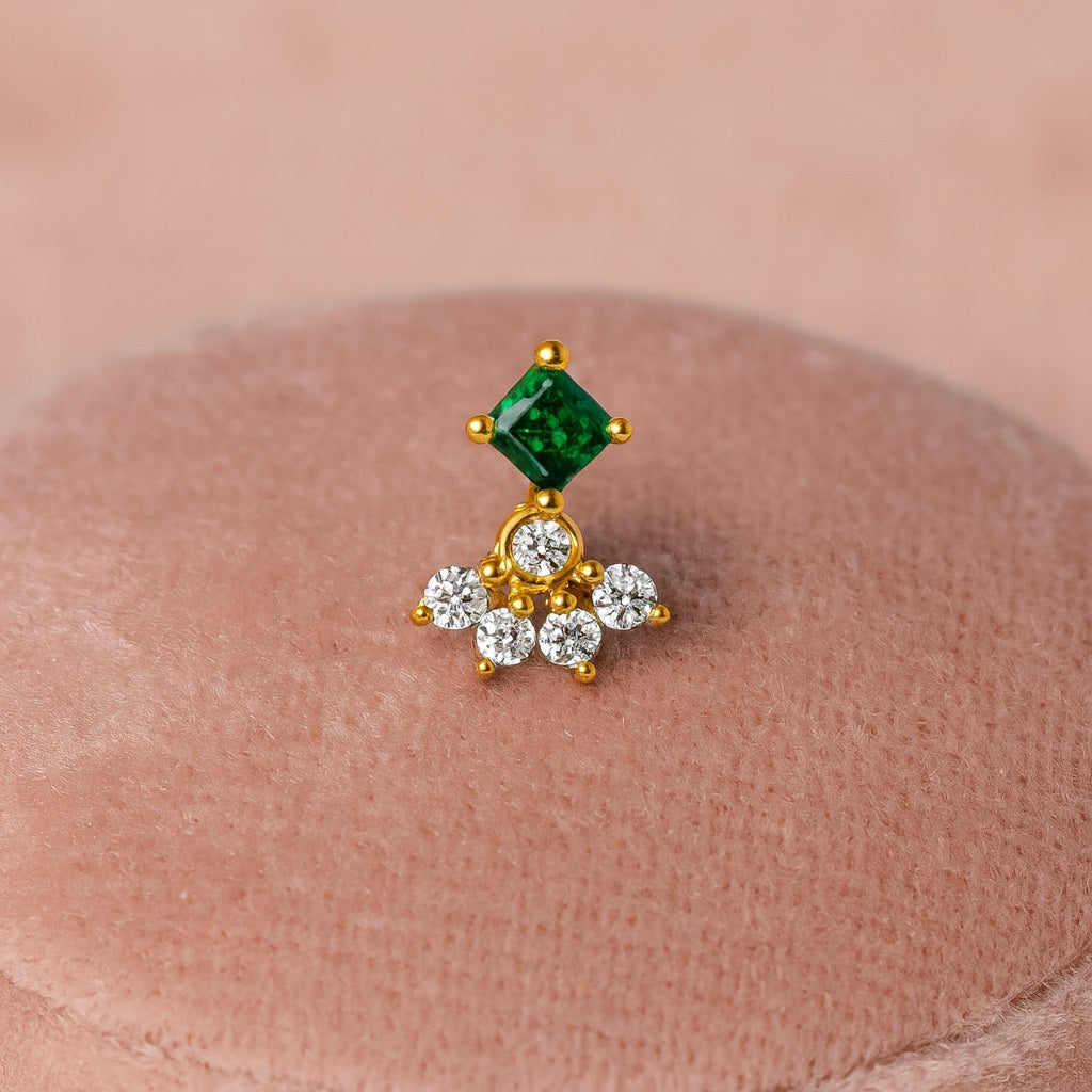 Green CZ Cluster Nose Pin - Sterling Silver Gold Plated-2
