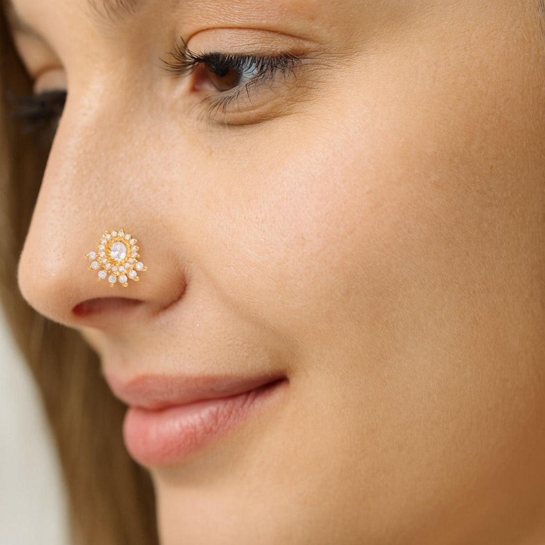 White CZ Sunburst Nose Pin - Sterling Silver Gold Plated-0