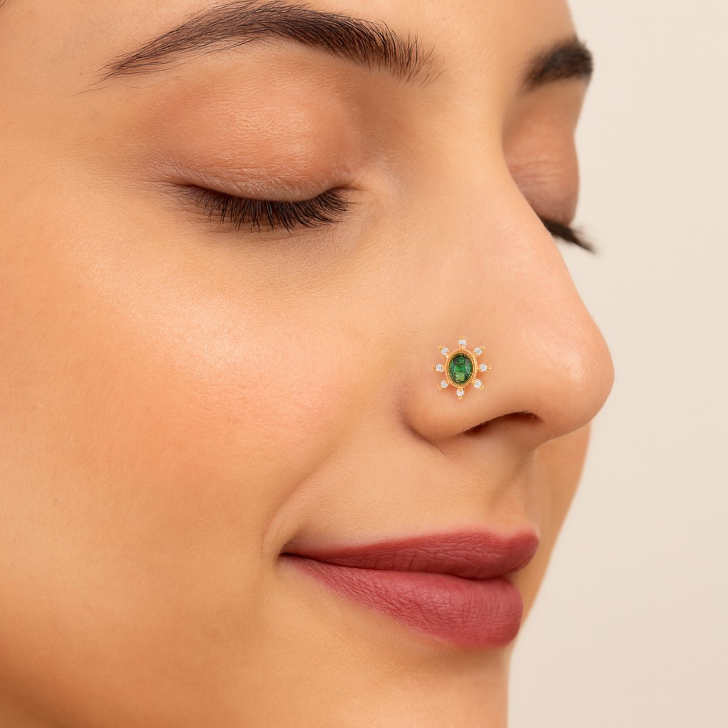 Green CZ Floral Nose Pin - Sterling Silver Gold Plated-1