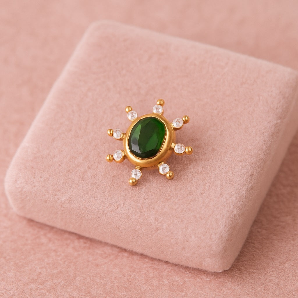 Green CZ Floral Nose Pin - Sterling Silver Gold Plated-2