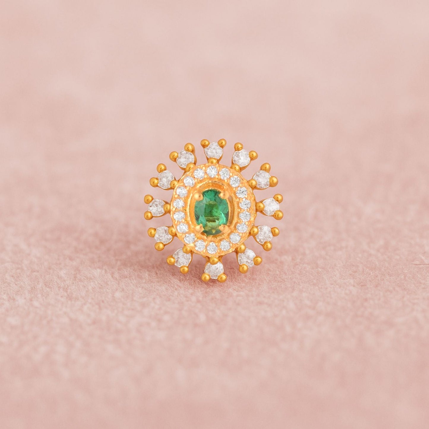 Green CZ Double Halo Nose Pin - Sterling Silver Gold Plated-2