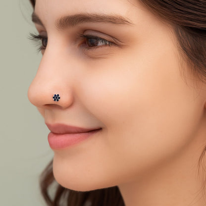 Blue Sapphire Floral Cluster Nose Pin - Sterling Silver-1