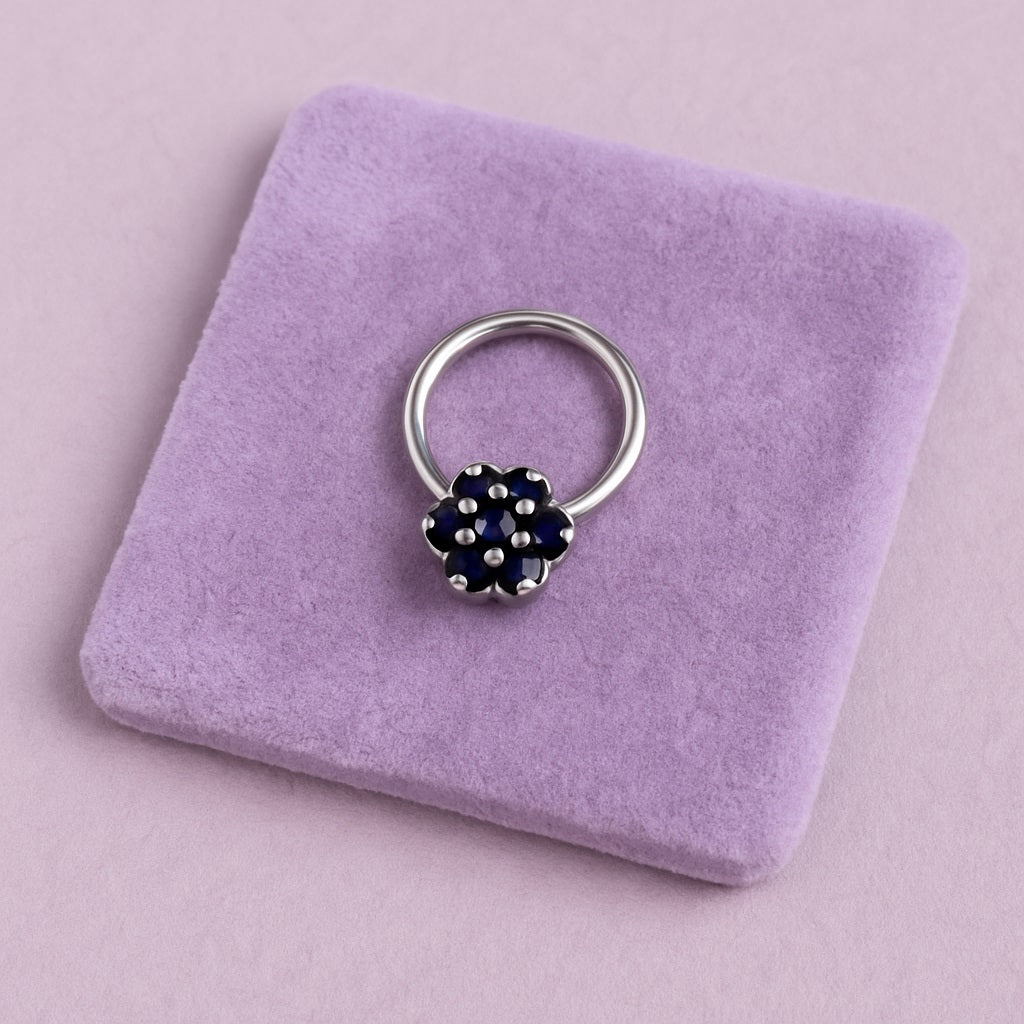 Blue Sapphire Floral Cluster Nose Pin - Sterling Silver-2