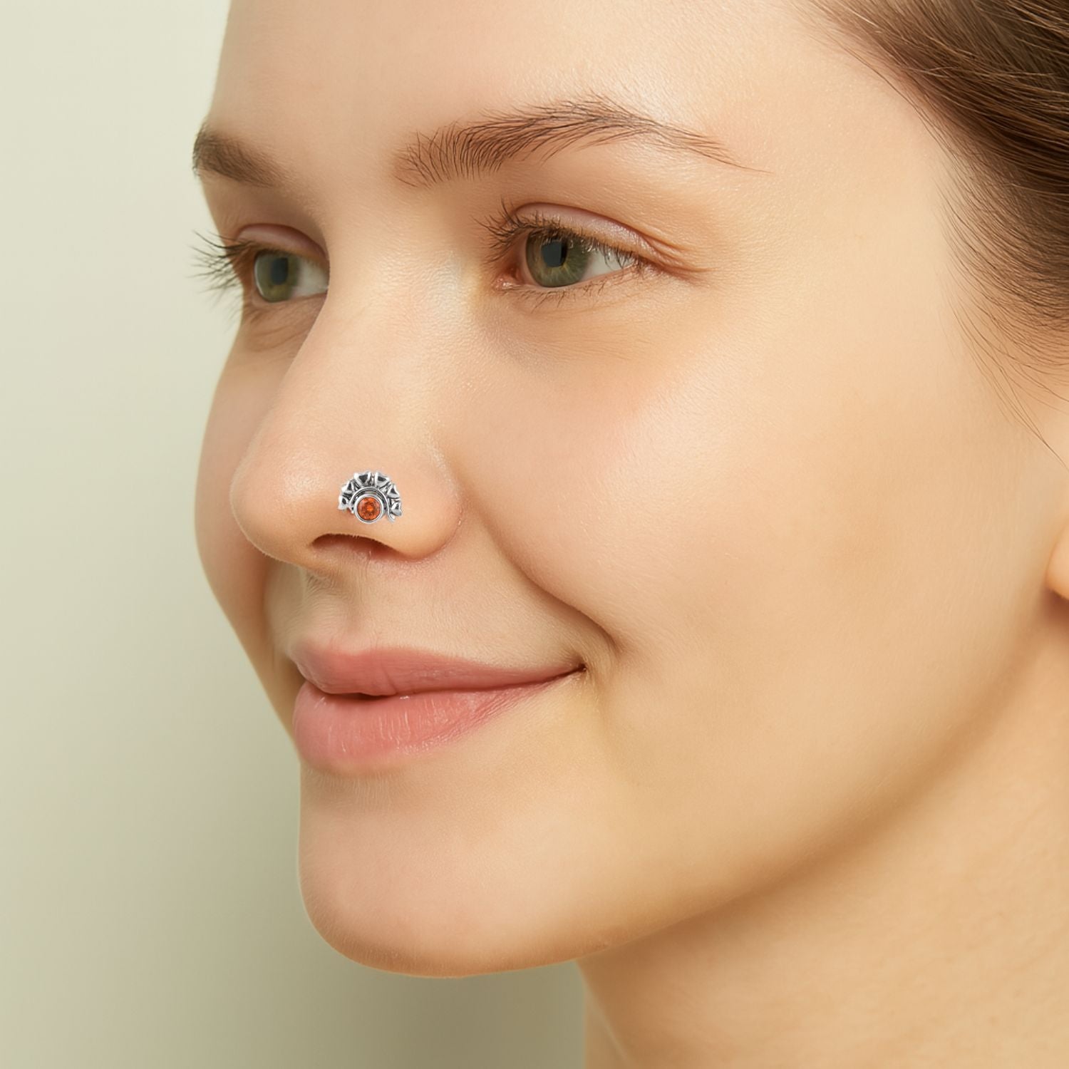 Citrine Stone with Heart Leaf Motif Nose Pin - Sterling Silver-1