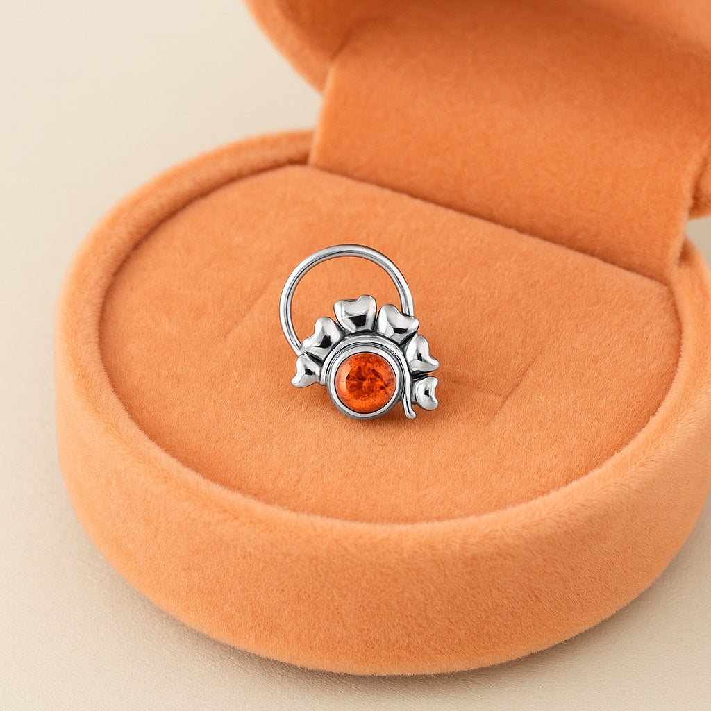 Citrine Stone with Heart Leaf Motif Nose Pin - Sterling Silver-2