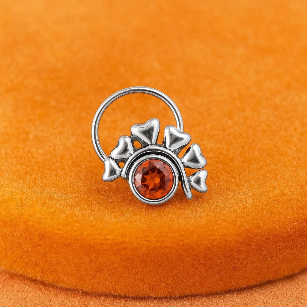 Citrine Stone with Heart Leaf Motif Nose Pin - Sterling Silver-3