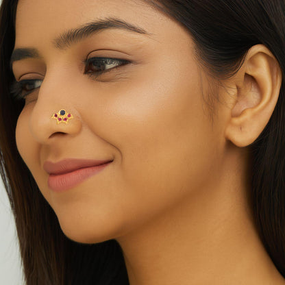 Blue & Red CZ Floral Nose Pin - Sterling Silver Gold Plated-1