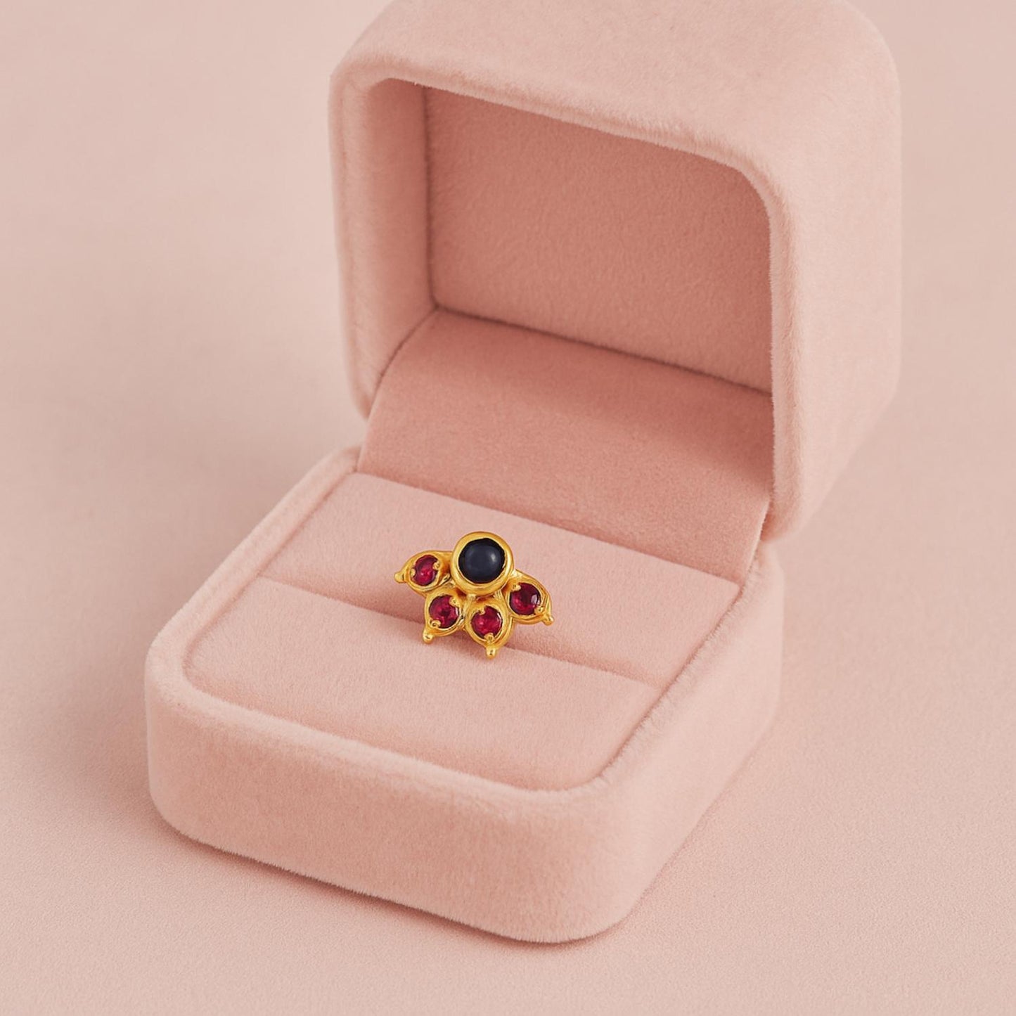 Blue & Red CZ Floral Nose Pin - Sterling Silver Gold Plated-3