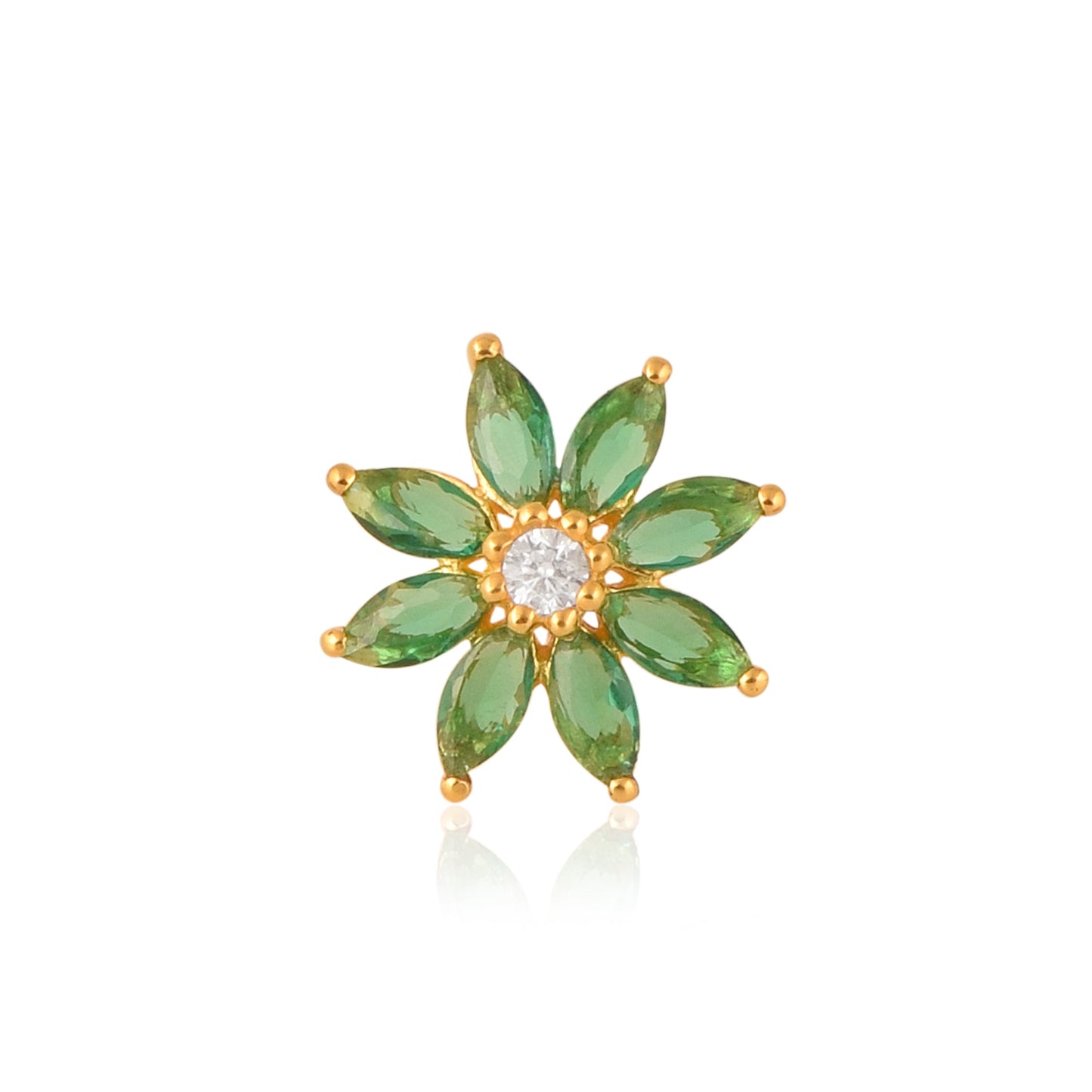 Green CZ Daisy Floral Design Nose Pin - Sterling Silver Gold Plated-0