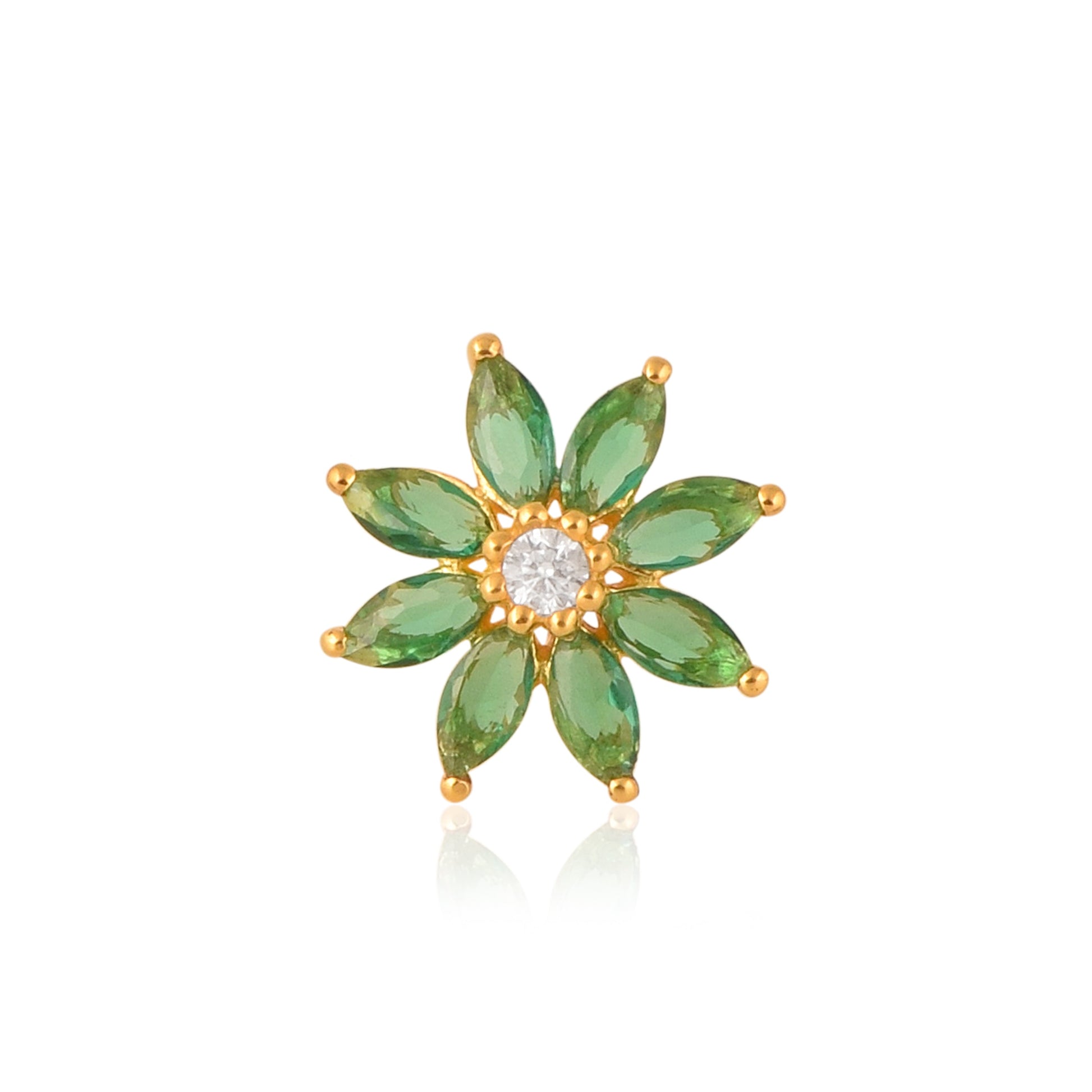 Green CZ Daisy Floral Design Nose Pin - Sterling Silver Gold Plated-0
