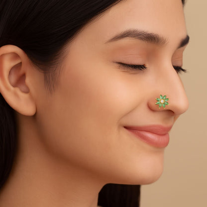 Green CZ Daisy Floral Design Nose Pin - Sterling Silver Gold Plated-1