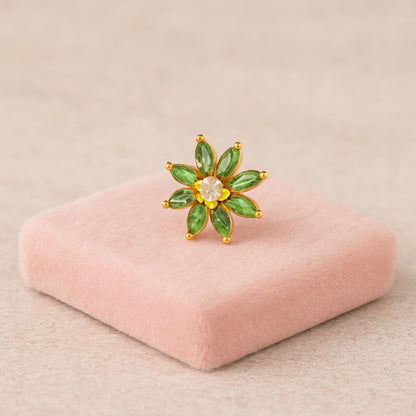 Green CZ Daisy Floral Design Nose Pin - Sterling Silver Gold Plated-2