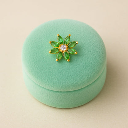 Green CZ Daisy Floral Design Nose Pin - Sterling Silver Gold Plated-3