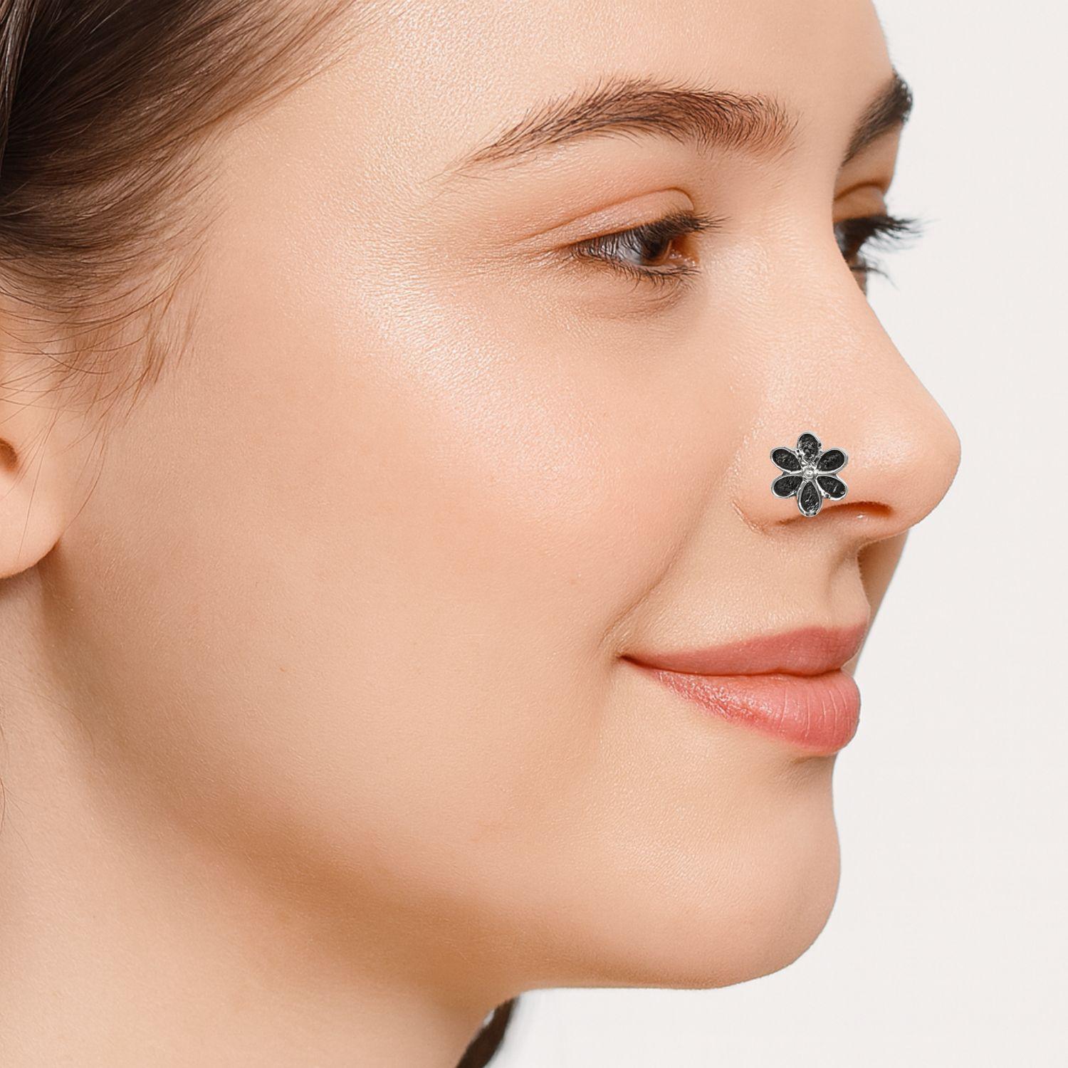 Floral Nose Pin - Sterling Silver Oxidized Plated-1