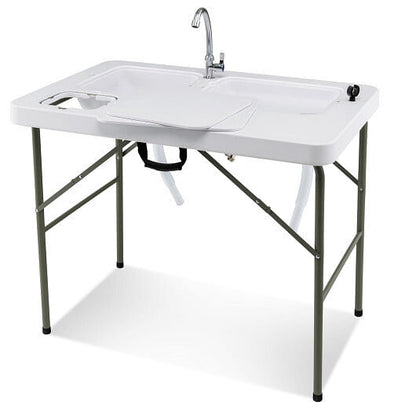 Fish Cleaning Table with 2 Sinks and 360?° Rotatable Fauce-White-4