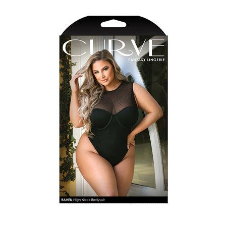 Fantasy Lingerie Curve Raven High-Neck Bodysuit With Back Cutout & Snap Closure Black XL/2XL-0