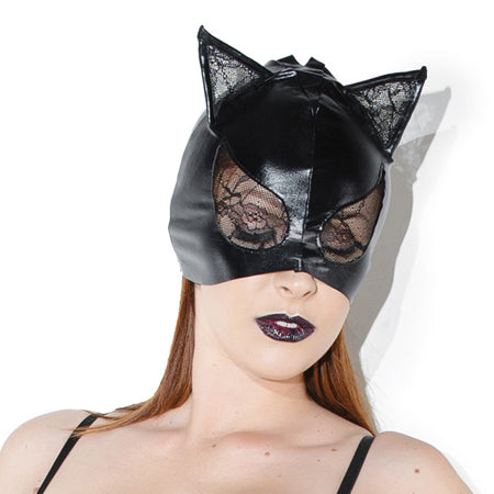 Cat Mask with Lace Eyes and Ears Black OS Hanging-0