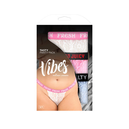 Fantasy Lingerie Vibes Tasty Vibes Pack 3-Piece Lace Thong Panty Set Blue/Pink/White Queen Size-0