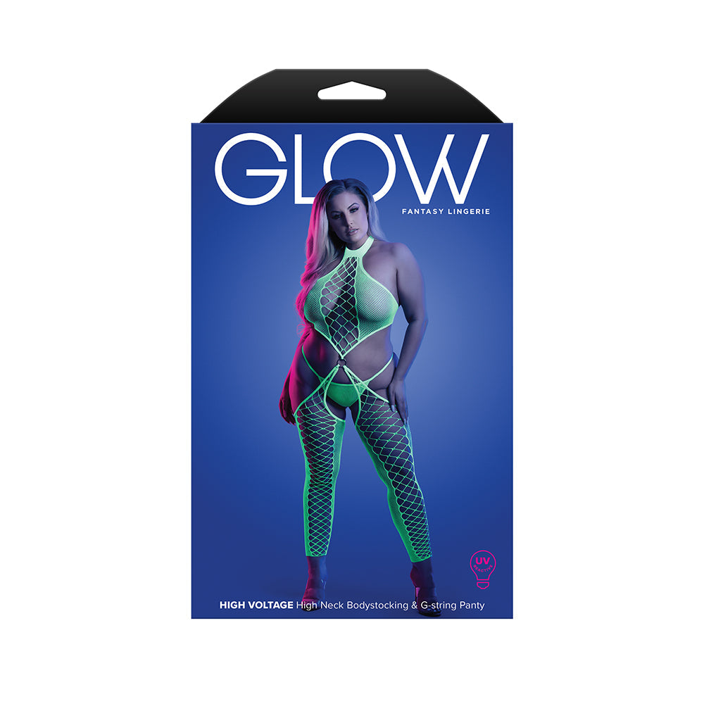 Fantasy Lingerie Glow High Voltage UV Reactive High Neck Bodystocking & G-String Panty Queen Size-0