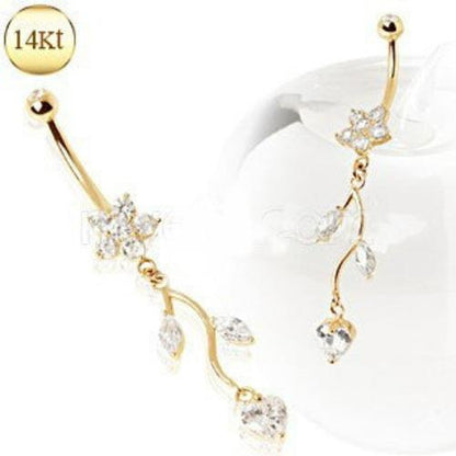 14Kt Yellow Gold Navel Ring with Flower & Vine-2