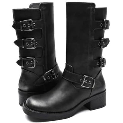 GLOBALWIN Womens Motorcycle Boots Mid Calf Distressed Biker Boots For Women Square Toe Boots For Women Distressed Silver Boots With Chunky Low Heel Size 11M