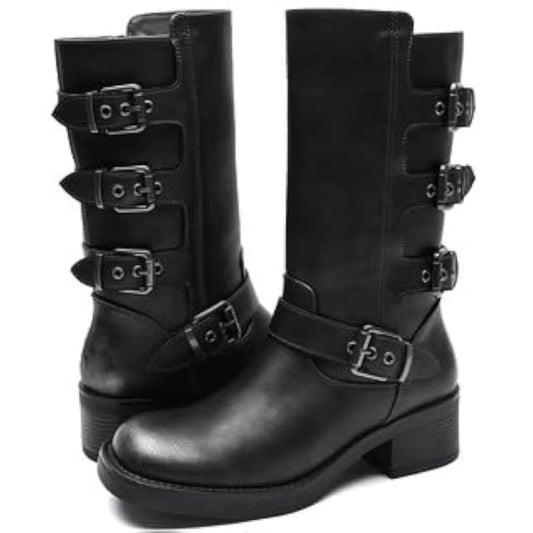 GLOBALWIN Womens Motorcycle Boots Mid Calf Distressed Biker Boots For Women Square Toe Boots For Women Distressed Silver Boots With Chunky Low Heel Size 11M