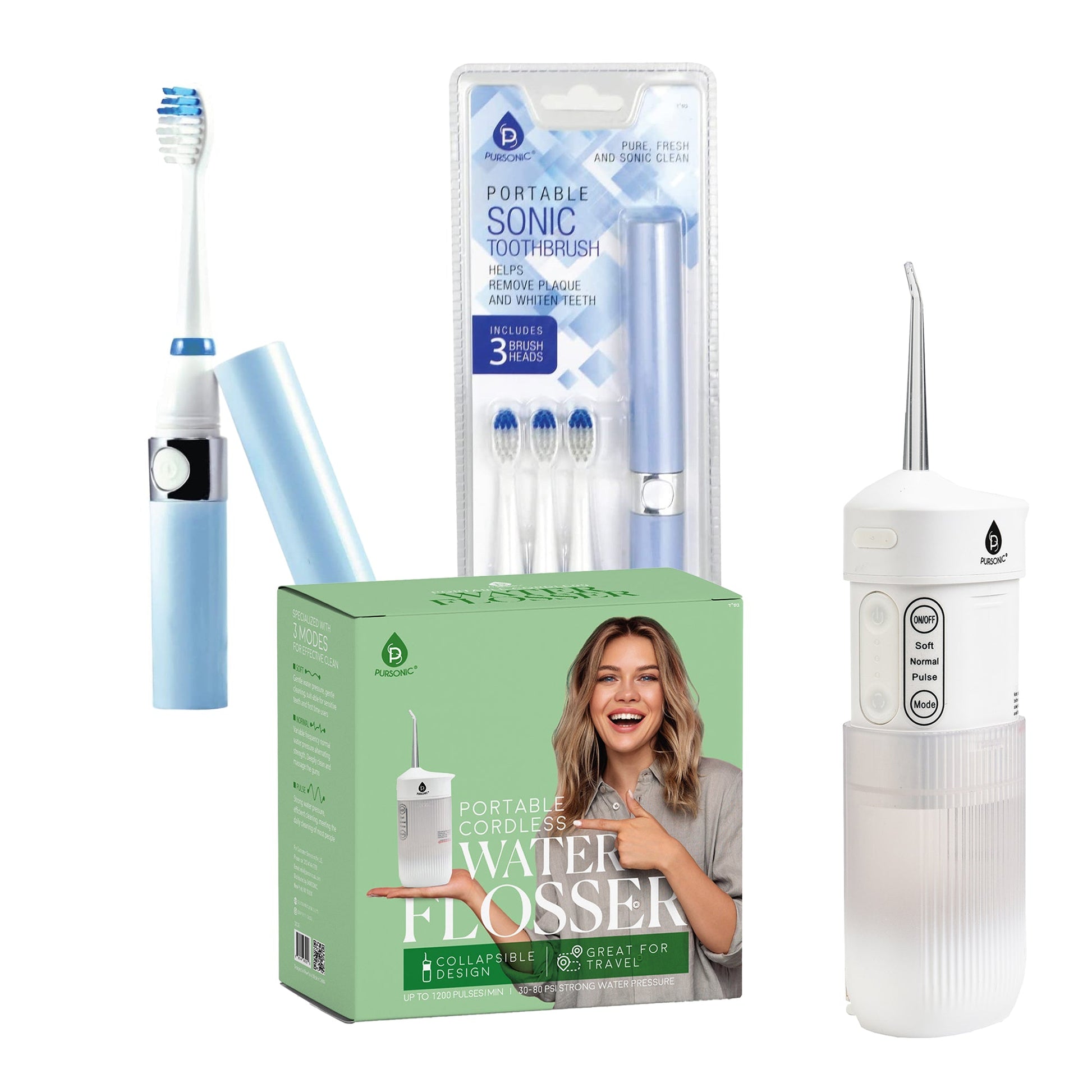 Compact Travel Oral Care Bundle: Portable USB Rechargeable Collapsible Water Flosser and Pursonic Portable Electric Toothbrush-0