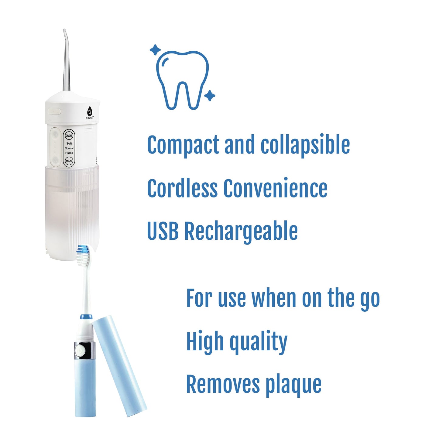 Compact Travel Oral Care Bundle: Portable USB Rechargeable Collapsible Water Flosser and Pursonic Portable Electric Toothbrush-1