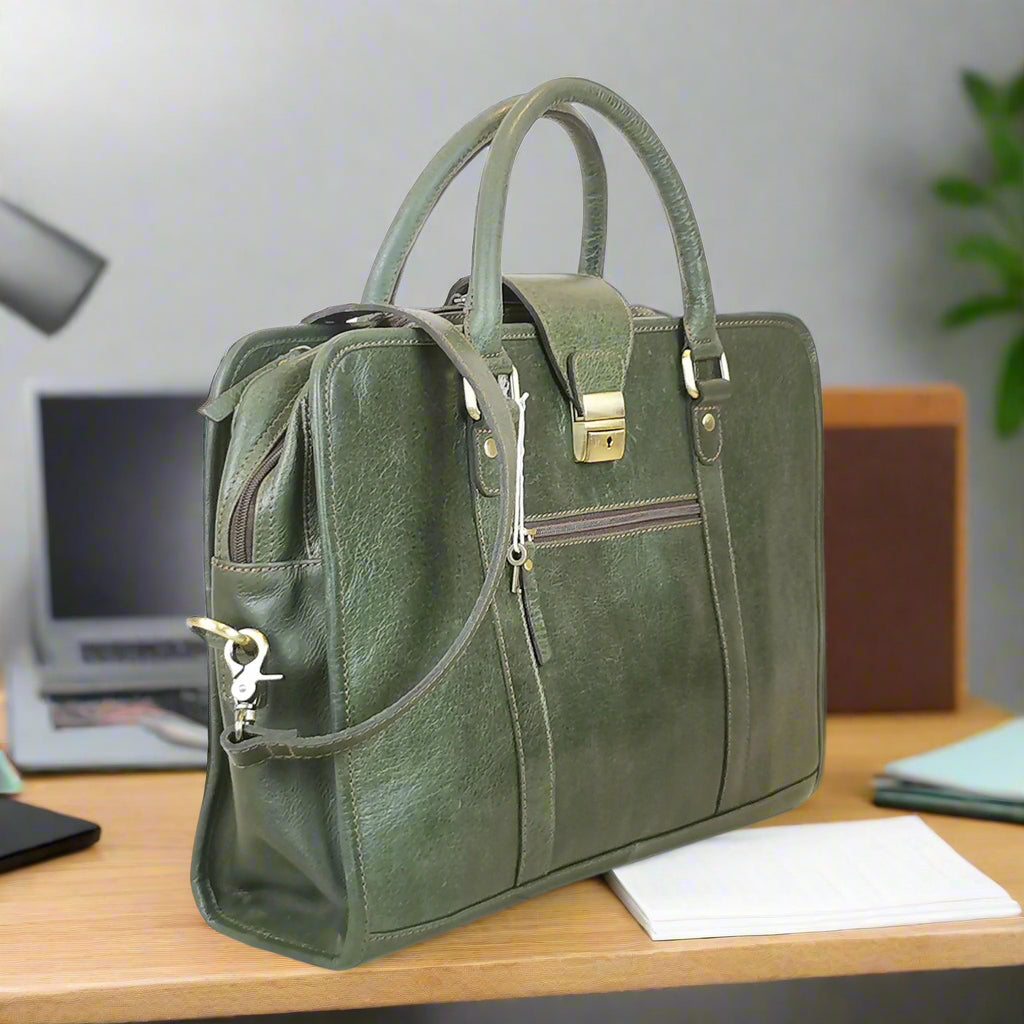 Leather Briefcase, Olive Green-1