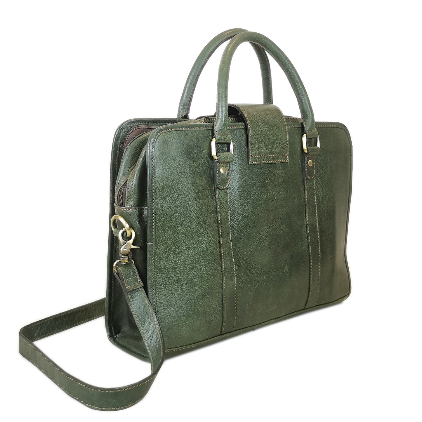 Leather Briefcase, Olive Green-2