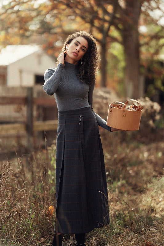 Pin Closure Wrap Skirt-Blue Plaid-0