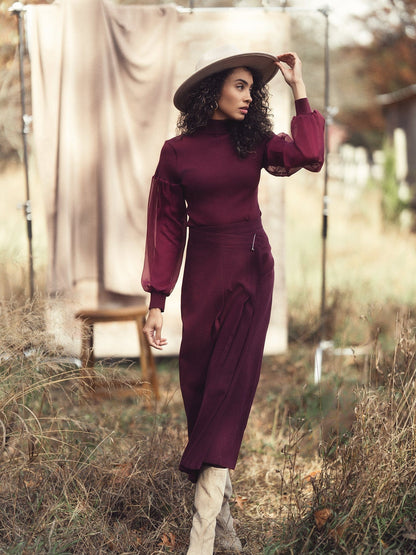 Pin Closure Wrap Skirt-Wine-0