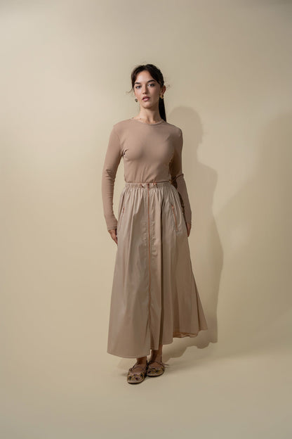 Front Zipper Cotton Circle Skirt-Tan-0